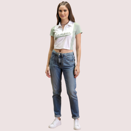 Women’s Mint Green ’Campus’ Polo Crop Top – Casual Sporty Tee