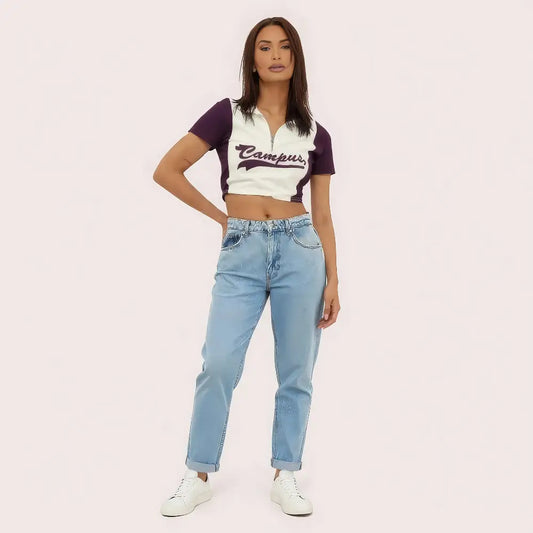 Women’s Purple ’Campus’ Zip Polo Crop Top – Collegiate-Inspired Style